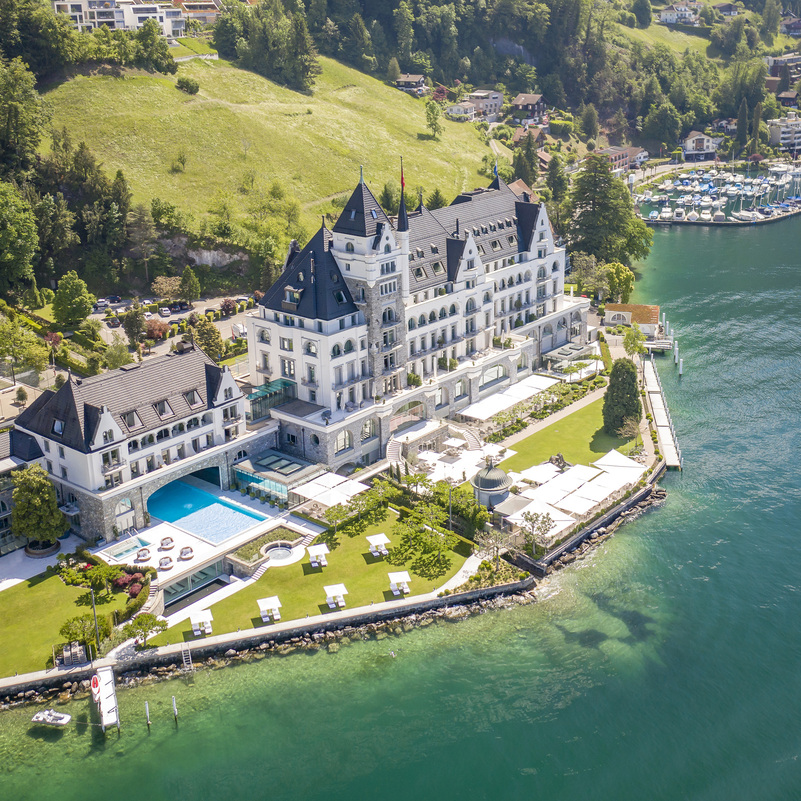 Aerial view of luxury wedding venue on Lake Lucerne