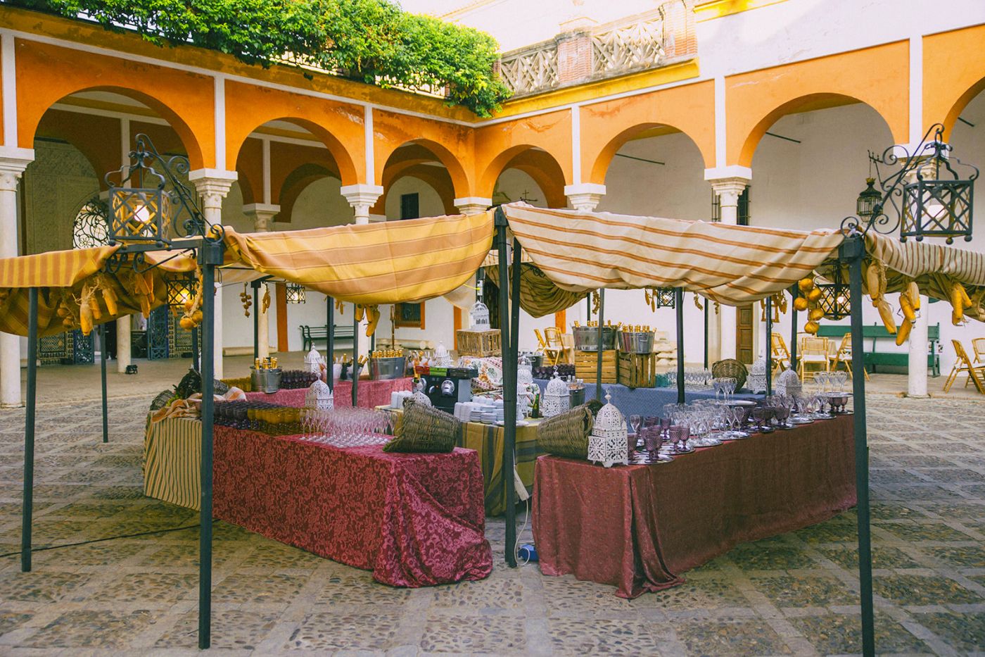 Buffet with berber tents at Abdalusian-Moorish party in Seville Spain