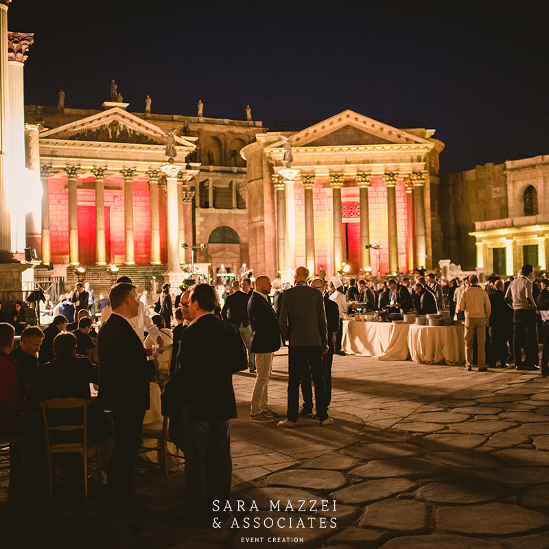 Corporate event setting ancient Rome cinecittà