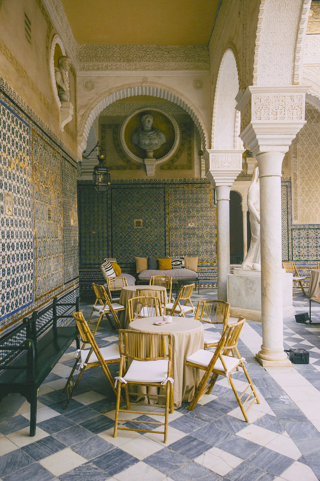 Courtyard corner at Andalusian-Moorish style party in Seville Spain