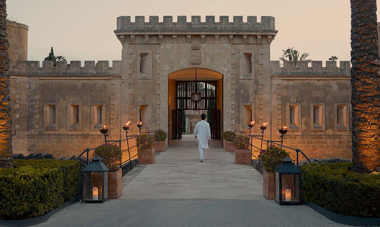 Entrance at sunset of Cap Rocat luxury boutique hotel for weddings in Mallorca