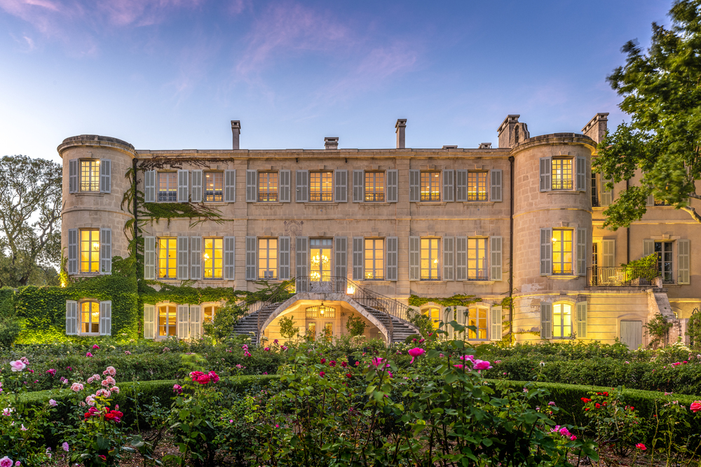 Facade of luxury chateau d'Estoublon in France for weddings
