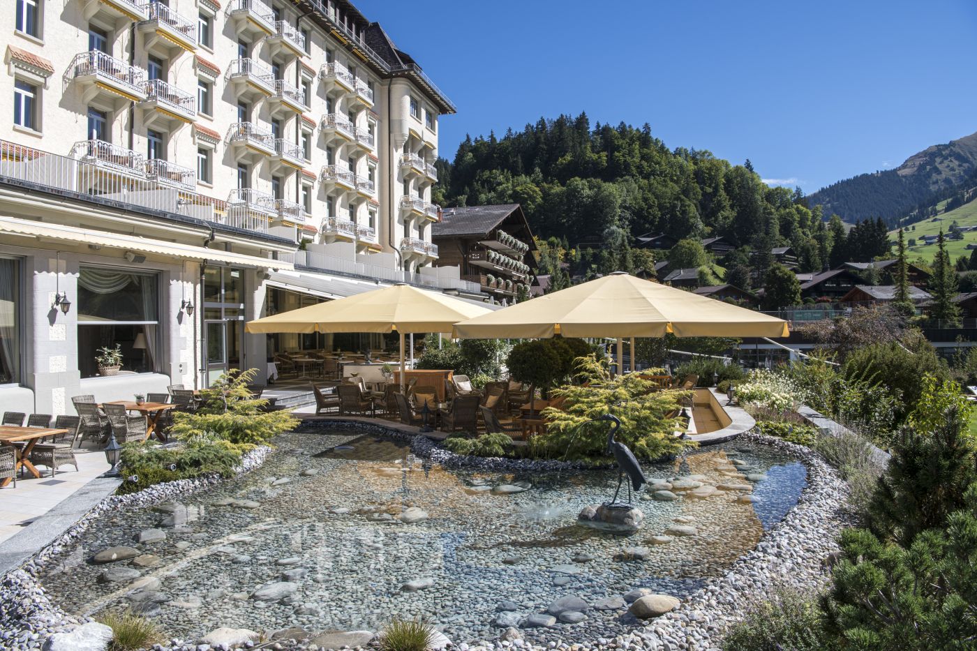 Facade of luxury wedding resort in Gstaad