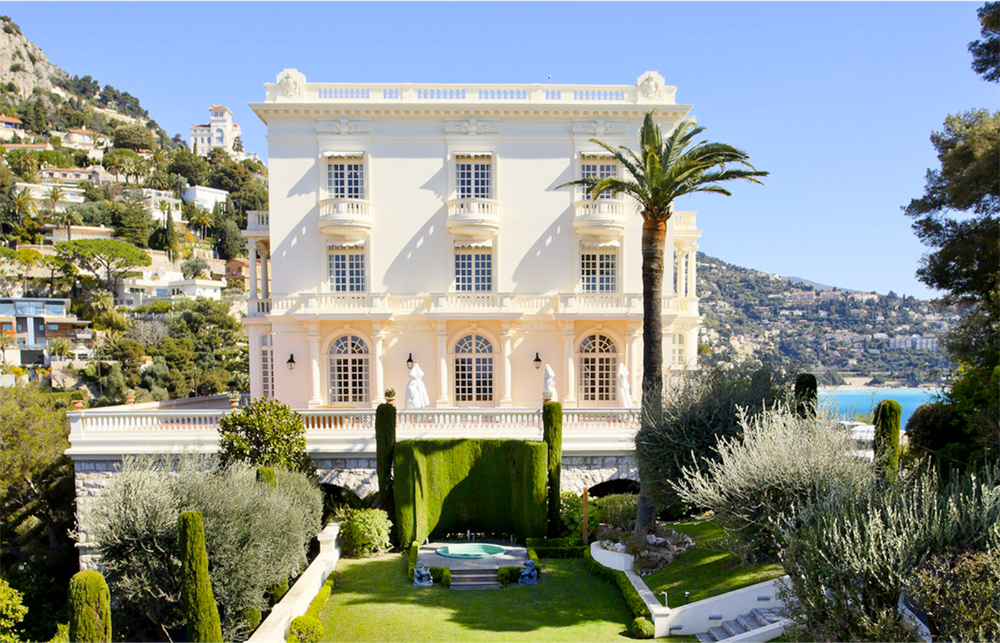 Facade with sea view of luxury Belle Epoque La Vigie wedding villa on the French Riviera