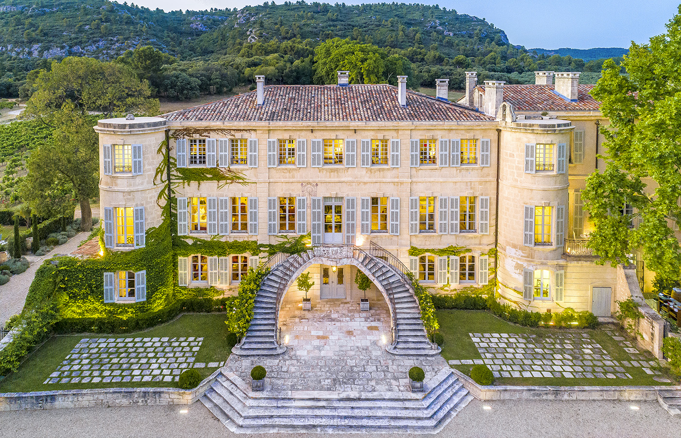 Facade and stairs of private chateau in Provence
