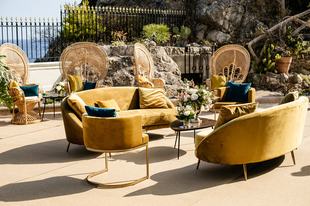 Gold lounge area of luxury Belle Epoque La Vigie wedding villa on the French Riviera