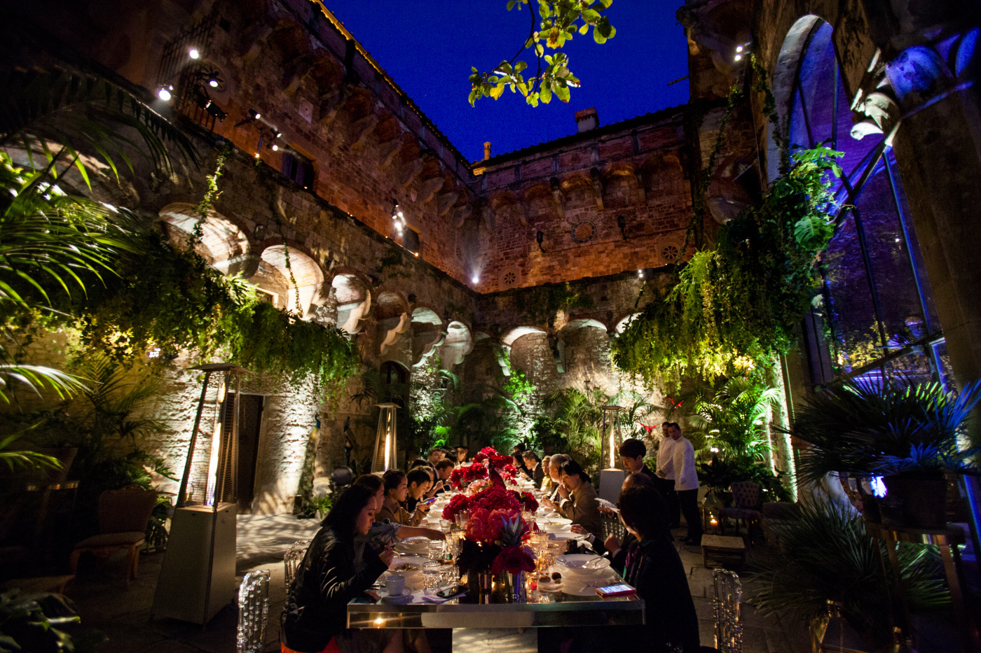 Castle courtyard with hanging greenery and lights