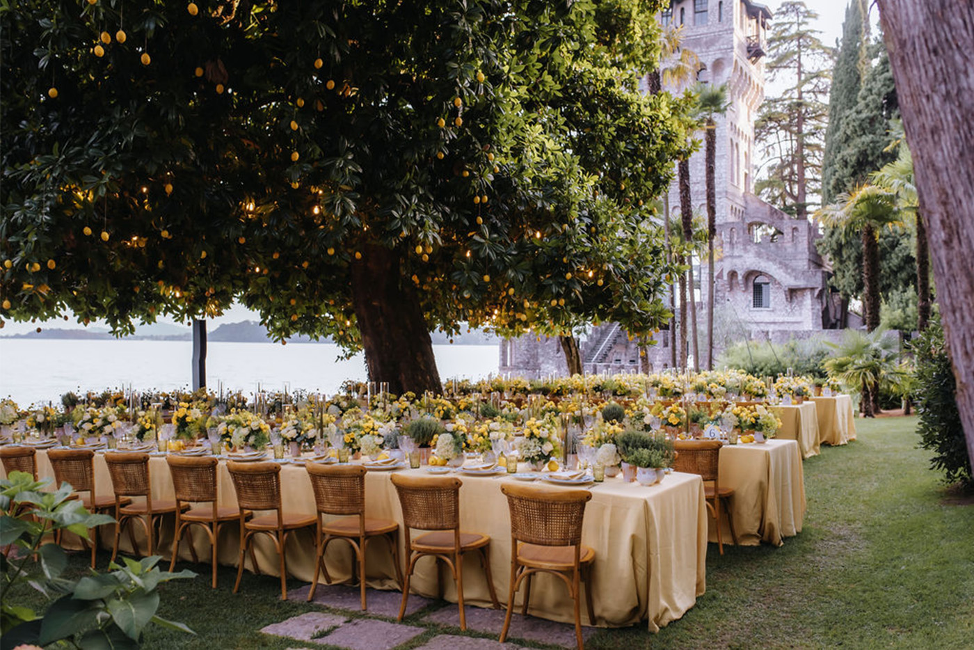 Lake Garda view of tower and long tables