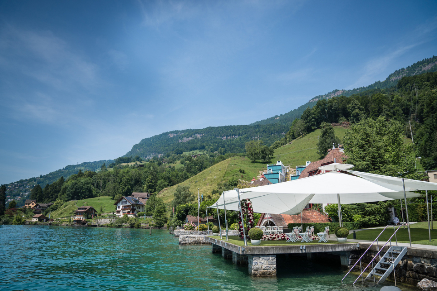Lawn and mountains at luxury wedding venue on Lake Lucerne