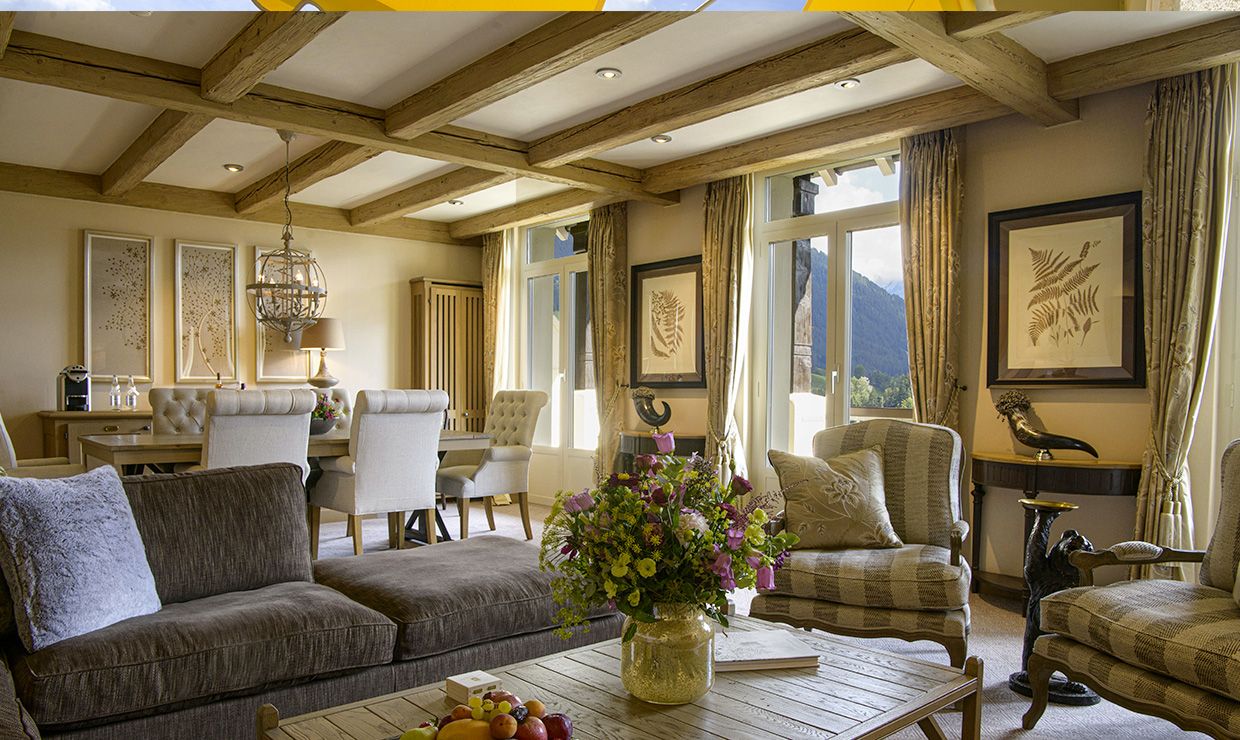 Living area of a room at luxury wedding resort in Gstaad