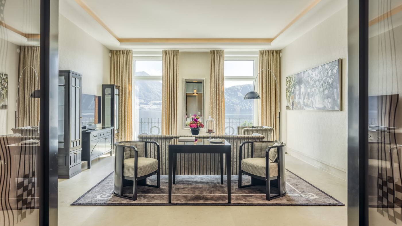 Living area of suite at luxury wedding venue on Lake Lucerne