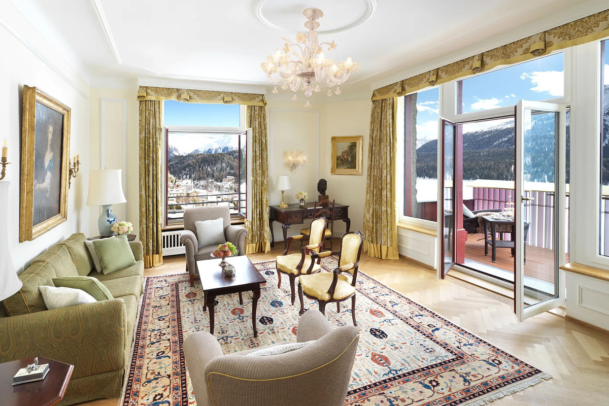 Living room of bedroom at historic luxury wedding palace in Saint Moritz