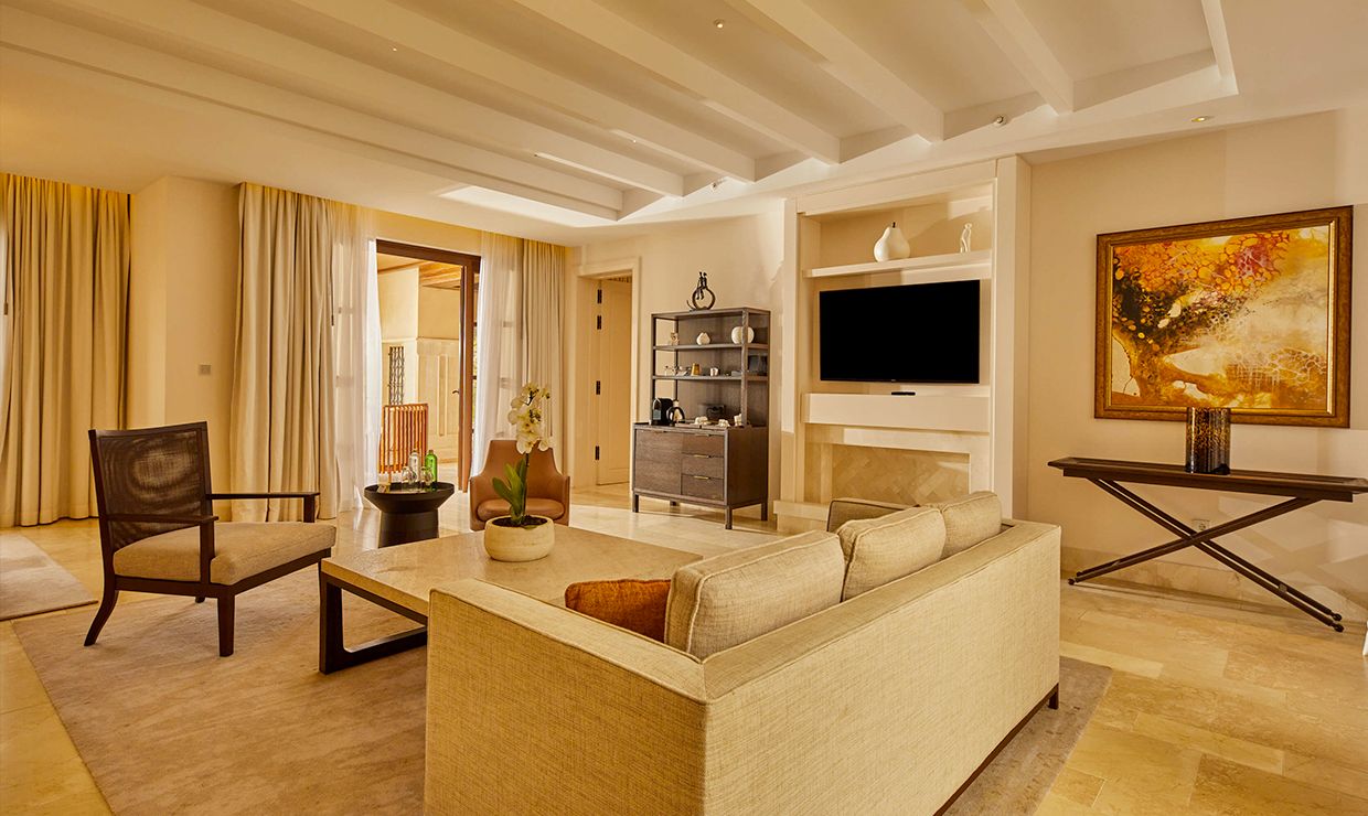 Living room with sofas at grand hotel village for weddings in Mallorca