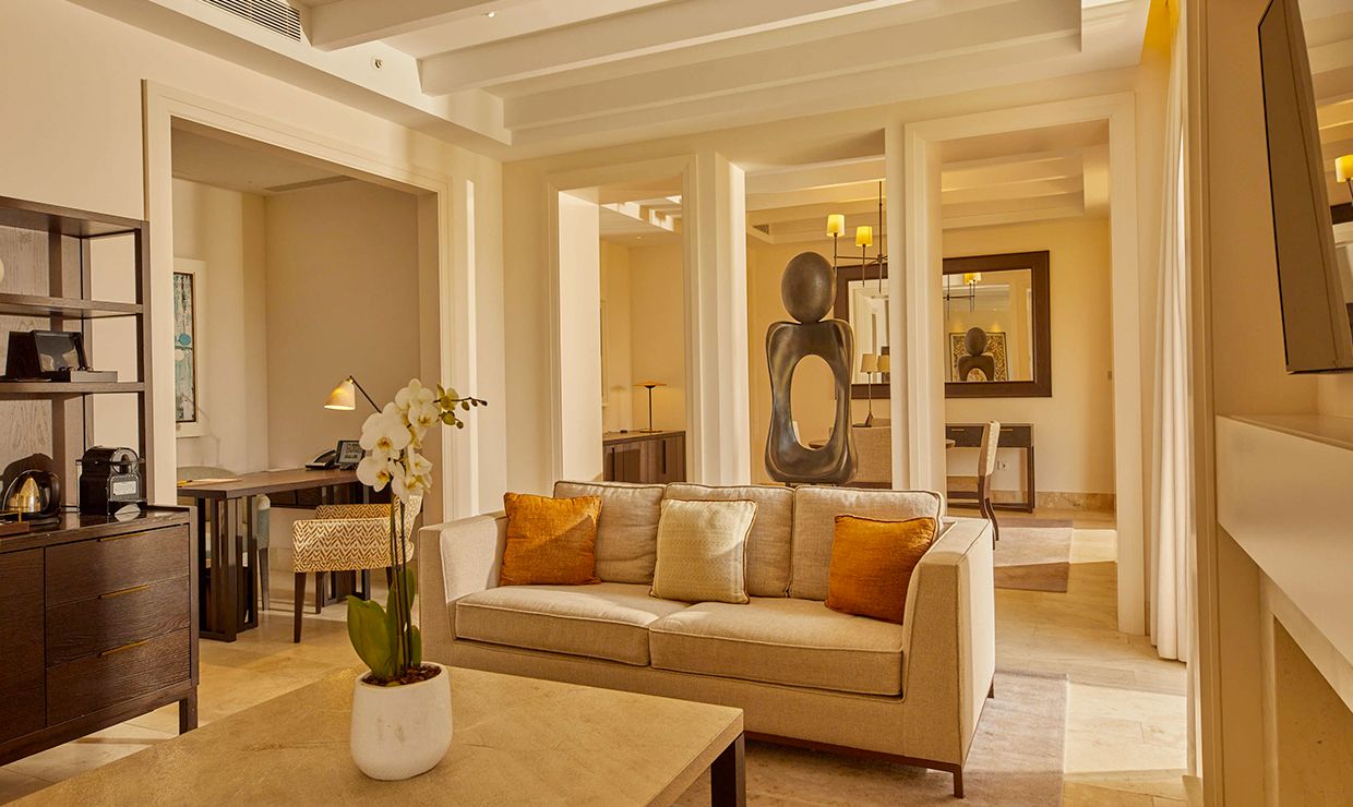 Living room of suite at luxury grand hotel in Mallorca for weddings