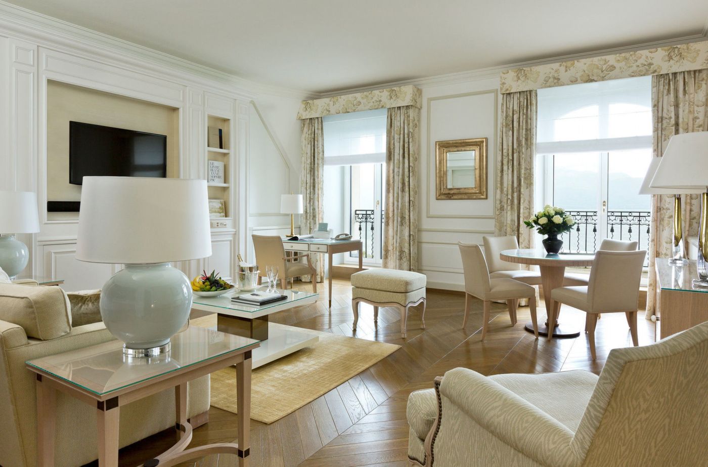 Living room of suite at luxury venue for weddings on Lake Geneva