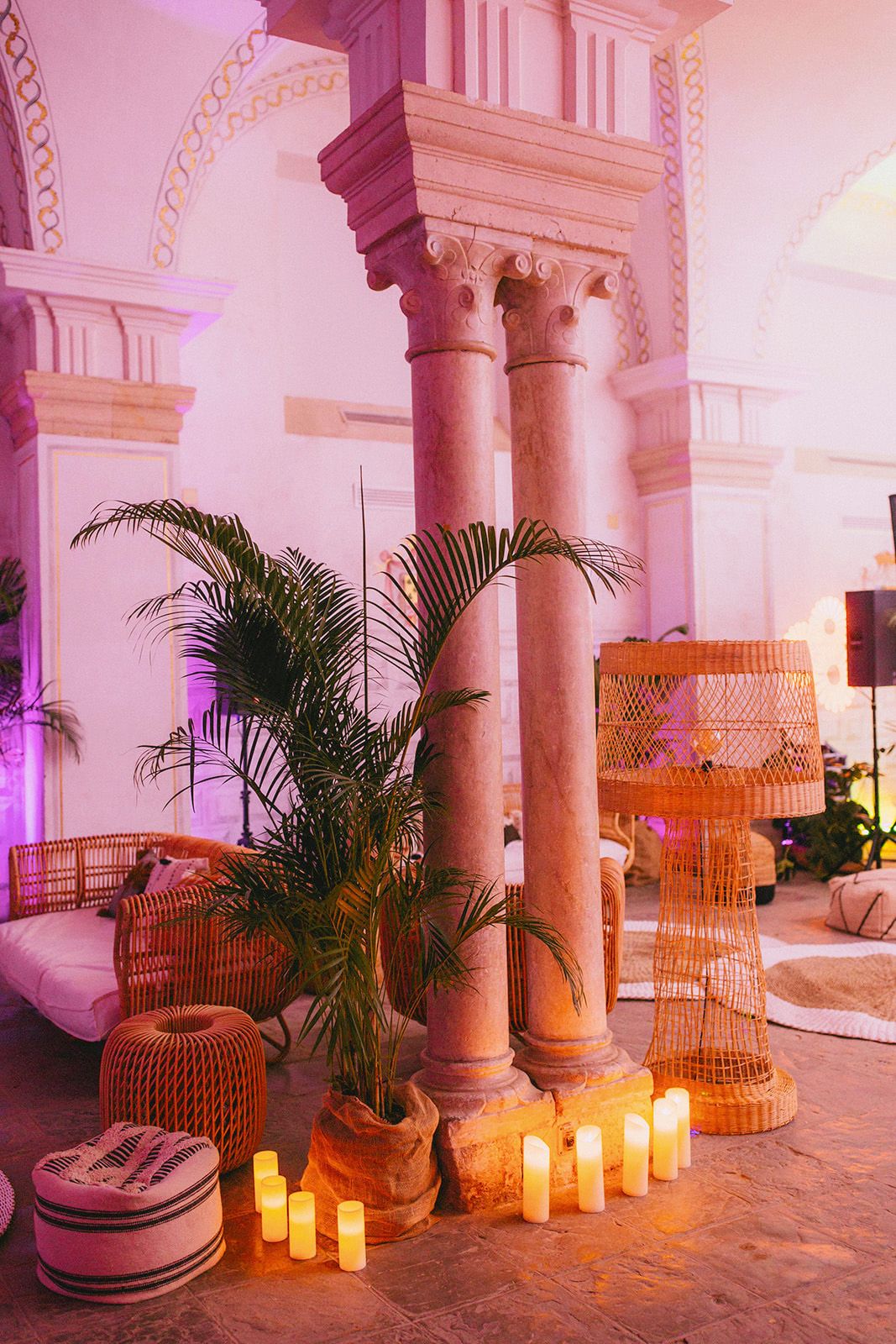 Lounge area with candles at Andalusian-Moorish party in Seville Spain