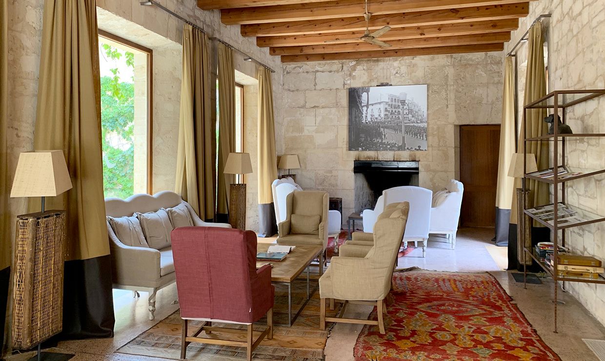 Lounge area of Cap Rocat luxury boutique hotel for weddings in Mallorca