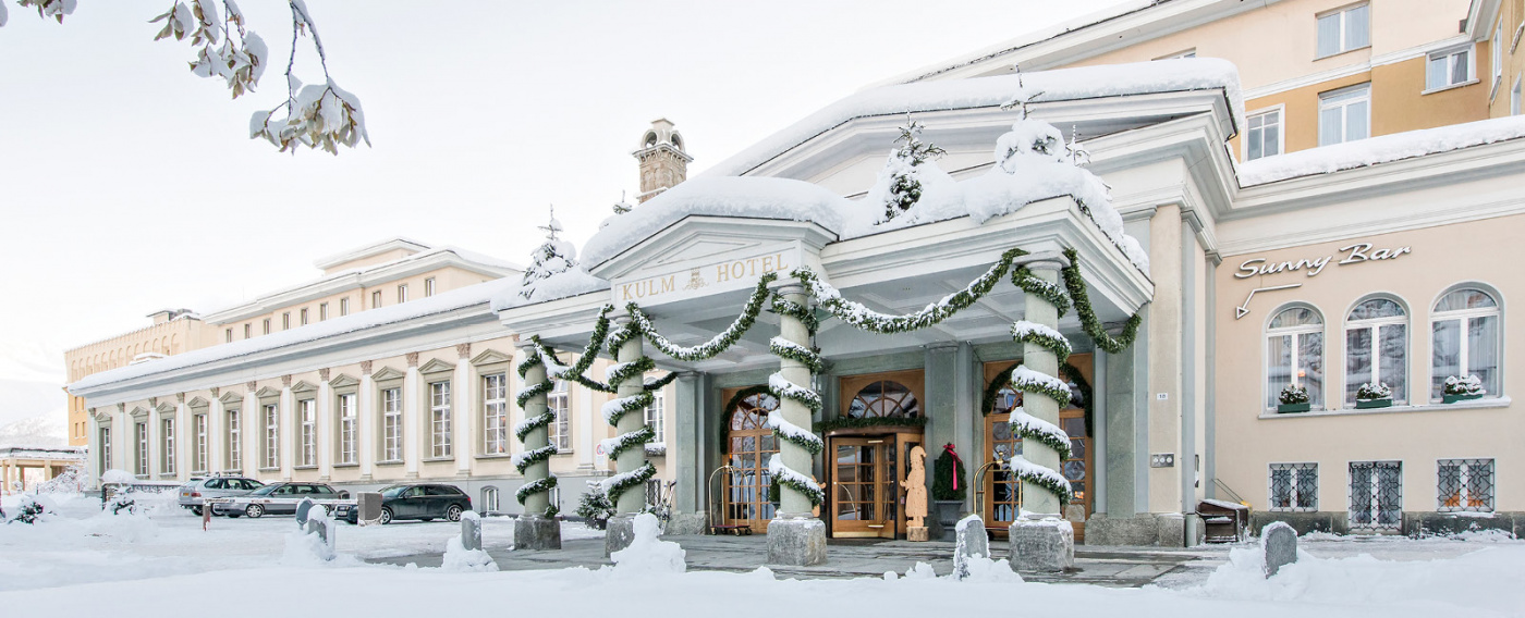 Winter decors entrance luxury hotel Saint Moritz