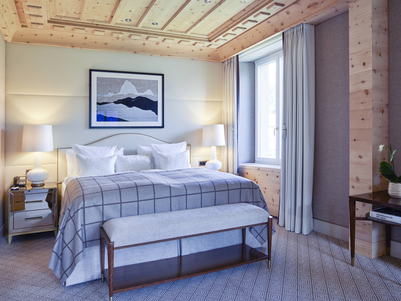 Elegant bedroom suite luxury hotel Saint Moritz