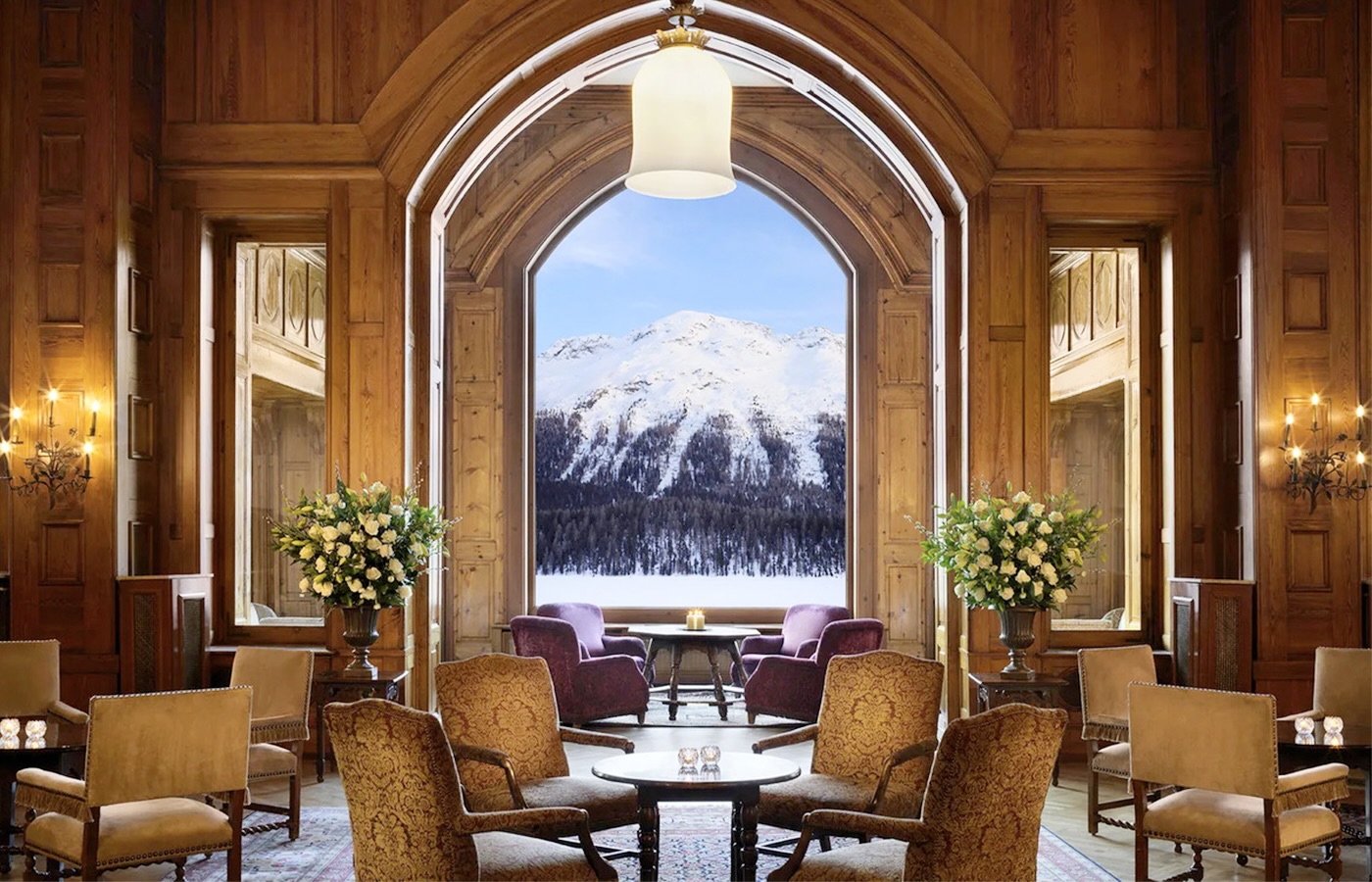 Mountain view from historic luxury wedding palace in Saint Moritz