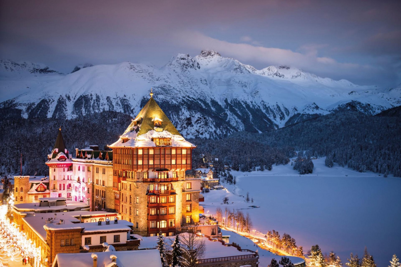 Night view at historic luxury wedding palace in Saint Moritz