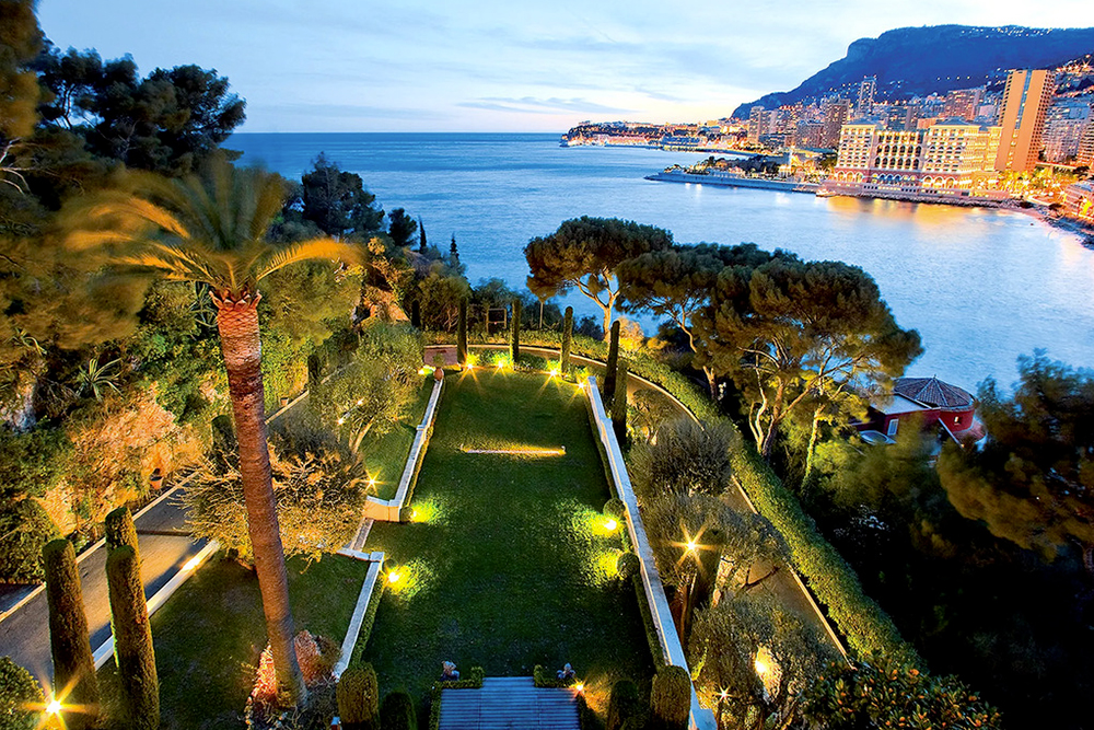 Night view of Montecarlo Bay from luxury Belle Epoque wedding villa on the French Riviera