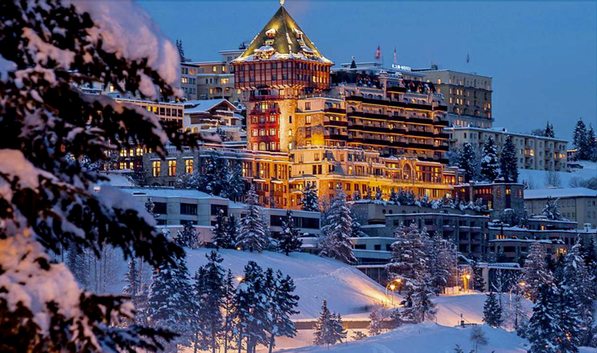 Overview of historic luxury wedding palace in Saint Moritz