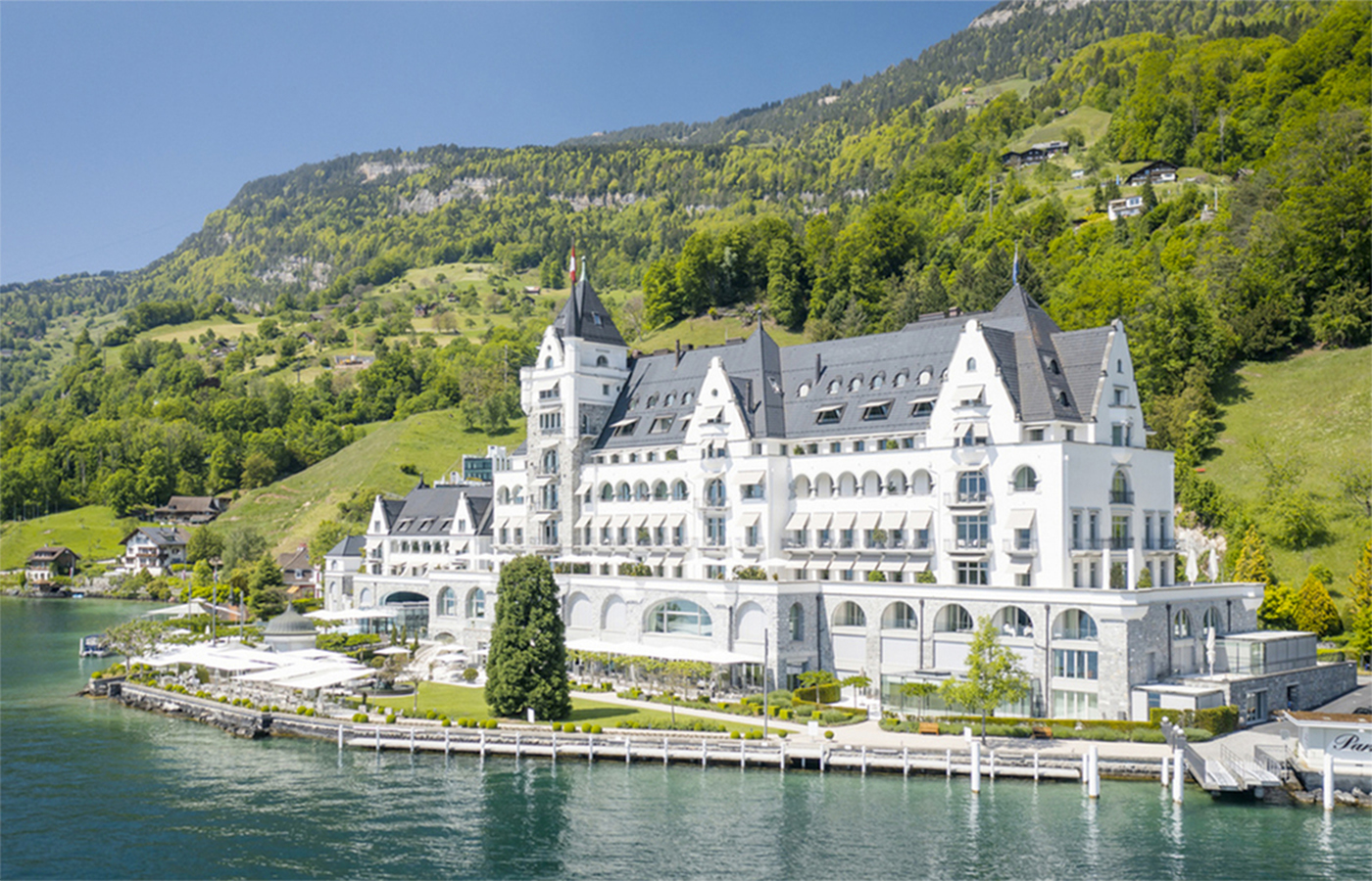 Overview of luxury wedding venue on Lake Lucerne
