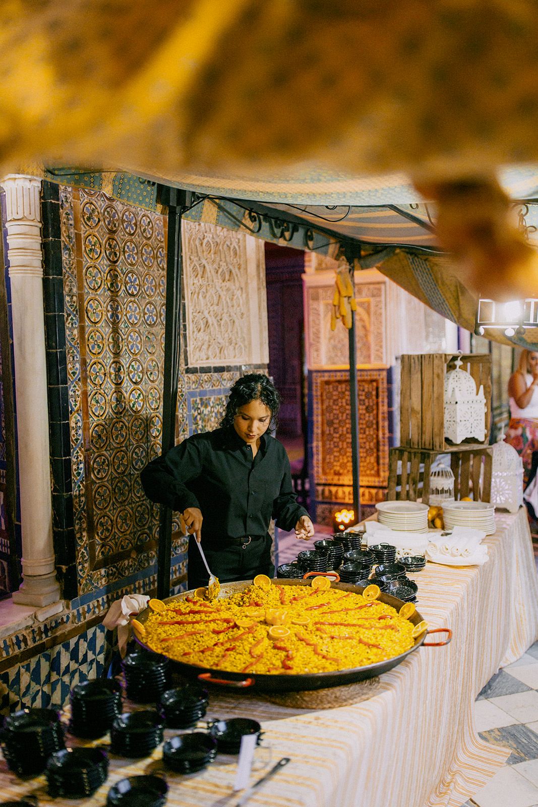 Paella at Andalusian-Moorish party in Seville Spain