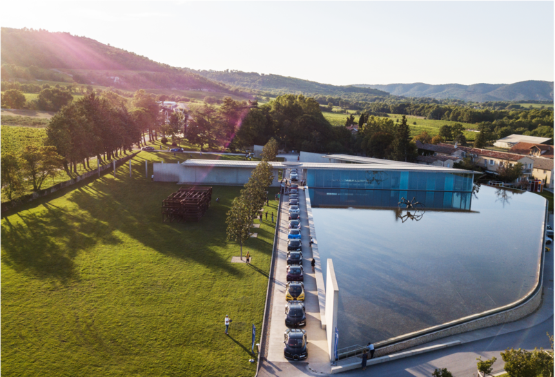 Panoramic view of art centre with pool at luxury wedding estate in France