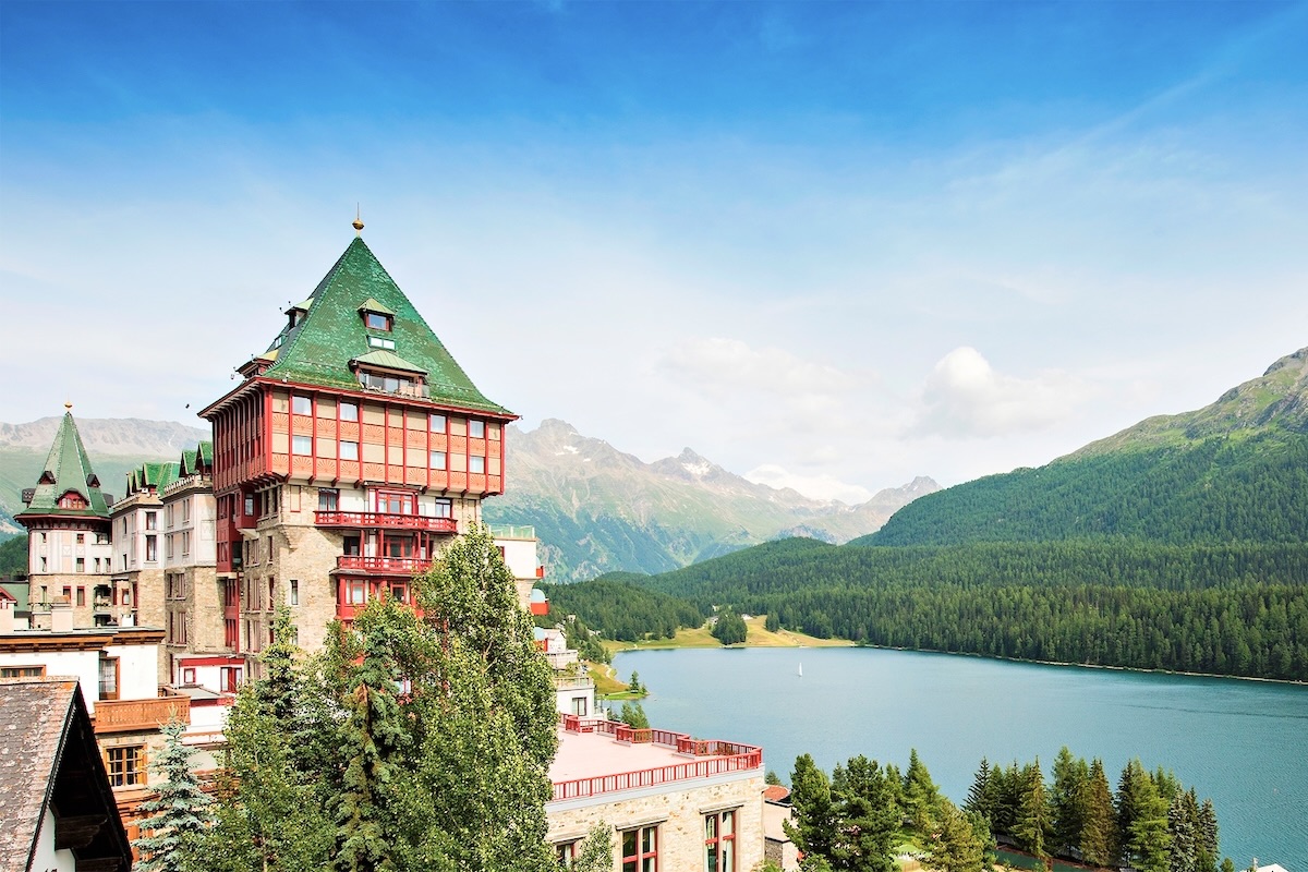 Panoramic view of historic luxury wedding palace in Saint Moritz