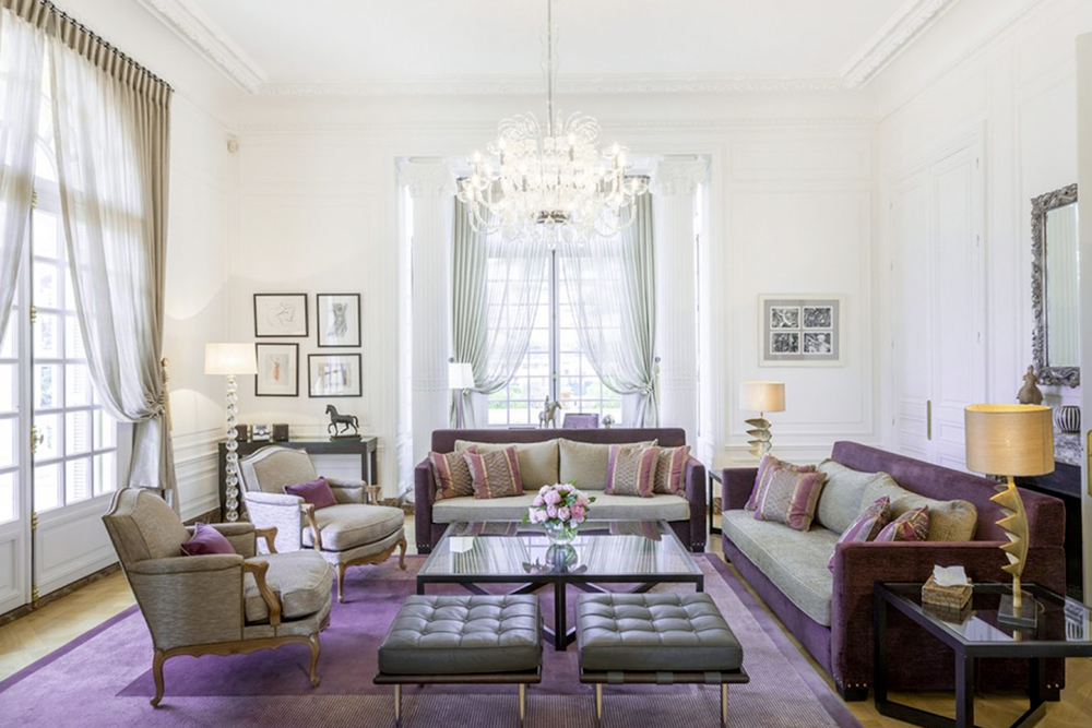 Purple living room of luxury Belle Epoque La Vigie wedding villa on the French Riviera