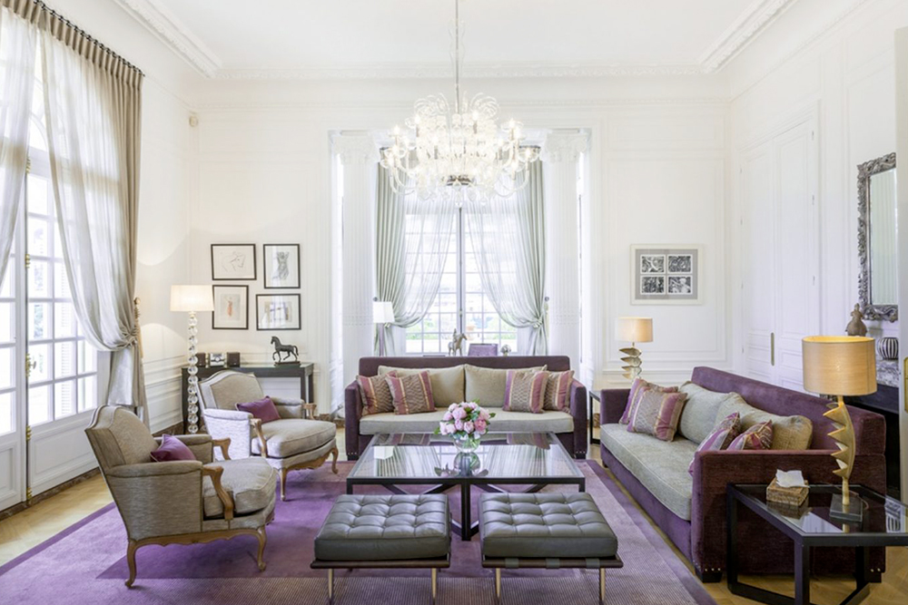 Purple living room of luxury Belle Epoque wedding villa on the French Riviera