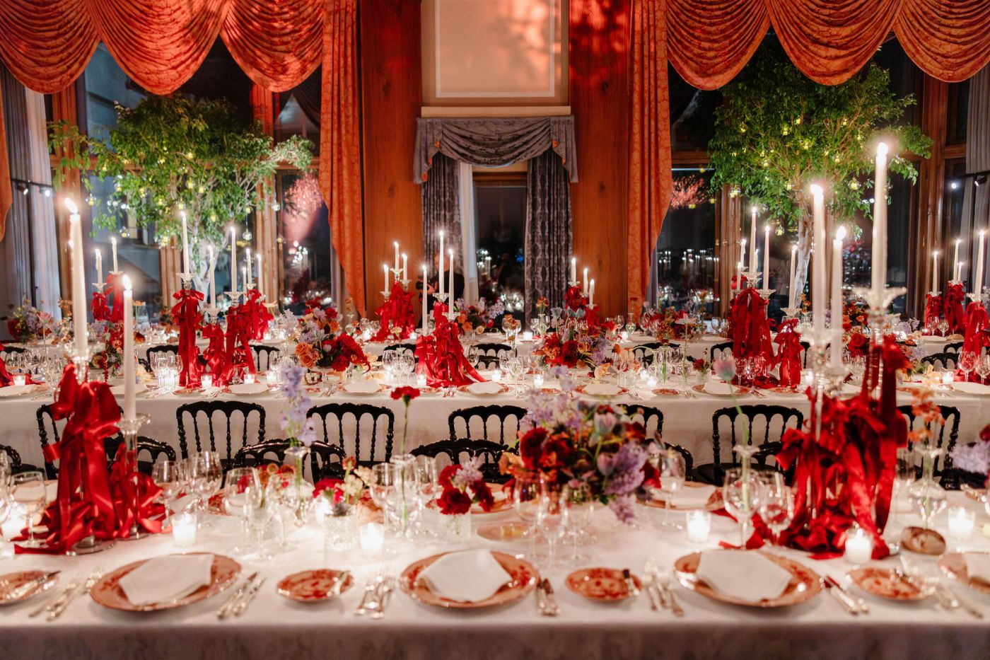 Red decor of wedding tables at Badrutt's in St Moritz