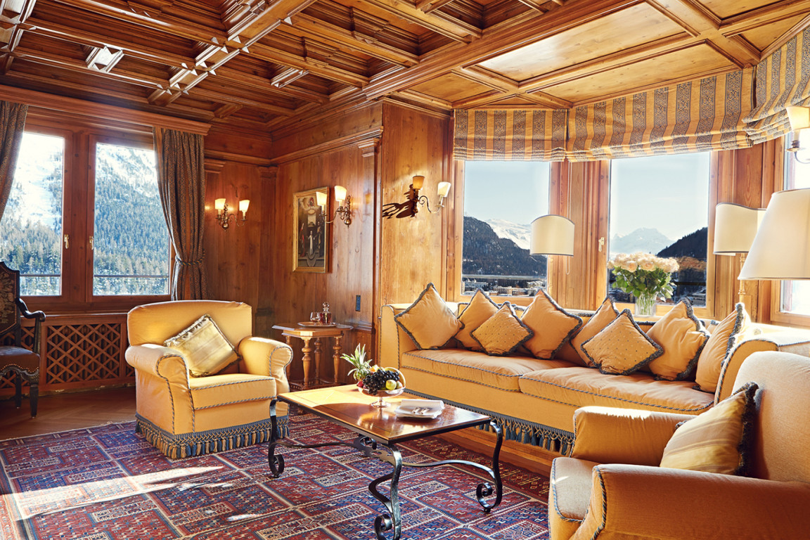 Relax area of suite at historic luxury wedding palace in Saint Moritz