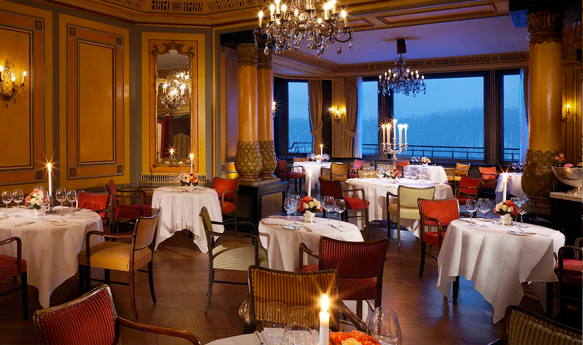 Restaurant at historic luxury wedding palace in Saint Moritz