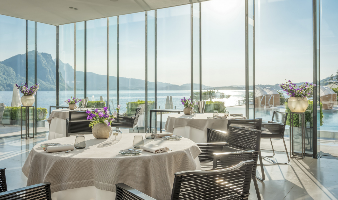 Restaurant with lake view at luxury wedding venue on Lake Lucerne