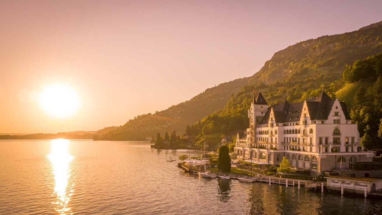 Sunset view of luxury wedding venue on Lake Lucerne