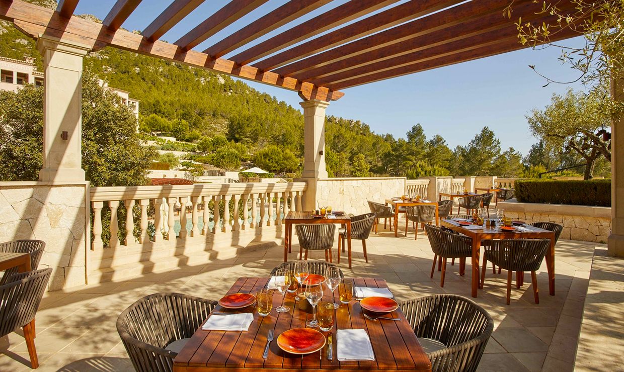 Terrace of restaurant at luxury grand hotel village in Mallorca for weddings