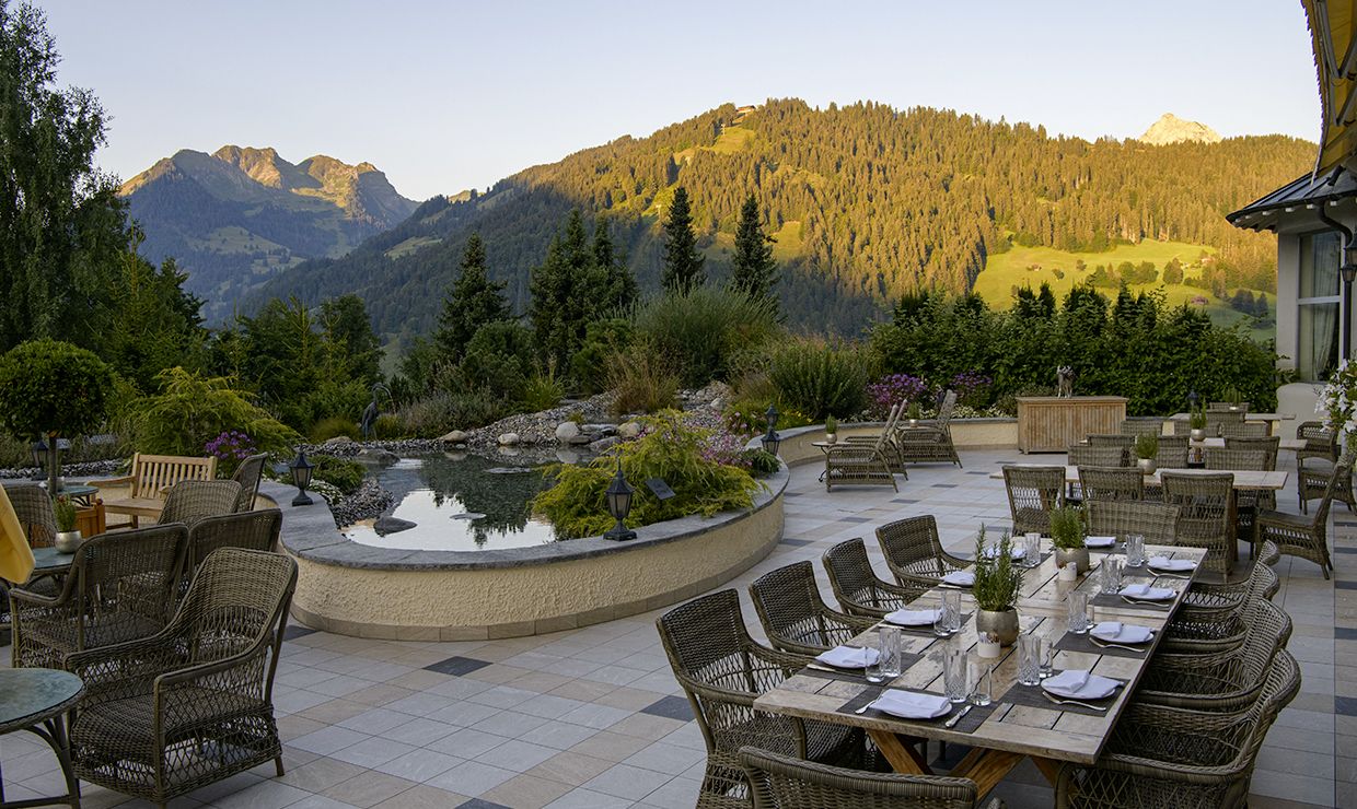 Terrace of restaurant at luxury wedding resort in Gstaad