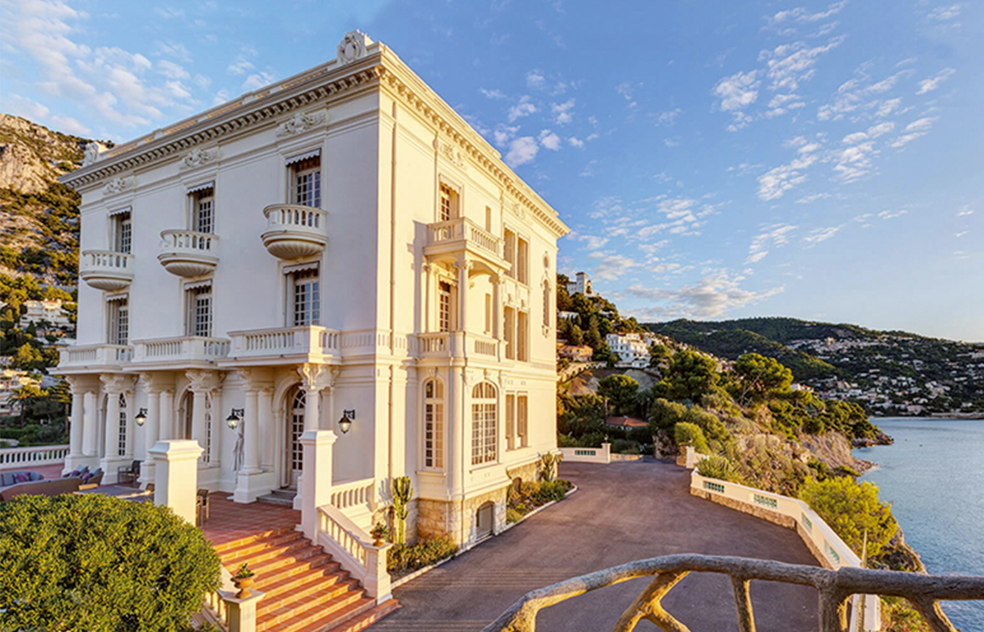 Terrace and sea view of luxury Belle Epoque wedding villa on the French Riviera