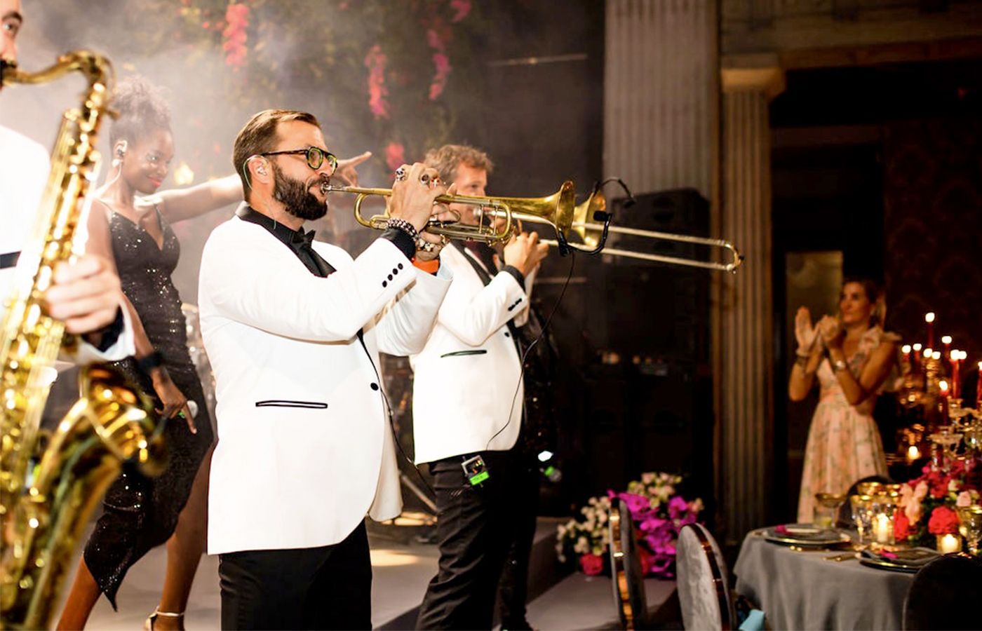 Trumpet players at wedding reception on Lake Garda