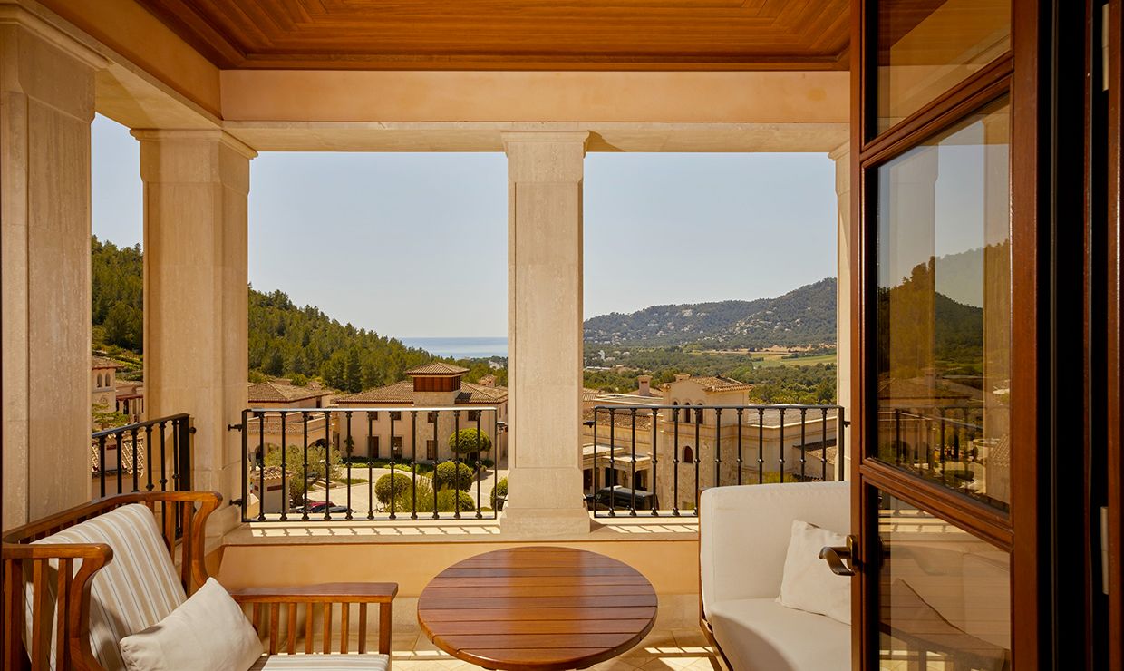 View of bedroom at luxury grand hotel village in Mallorca for weddings