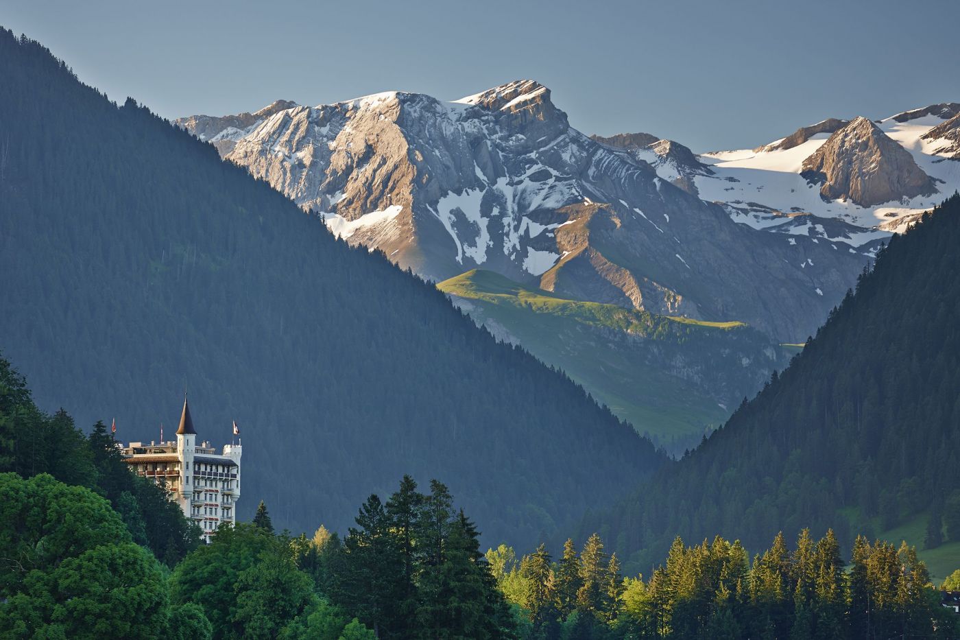 View of the hotel and the mountains at luxury wedding resort in Gstaad