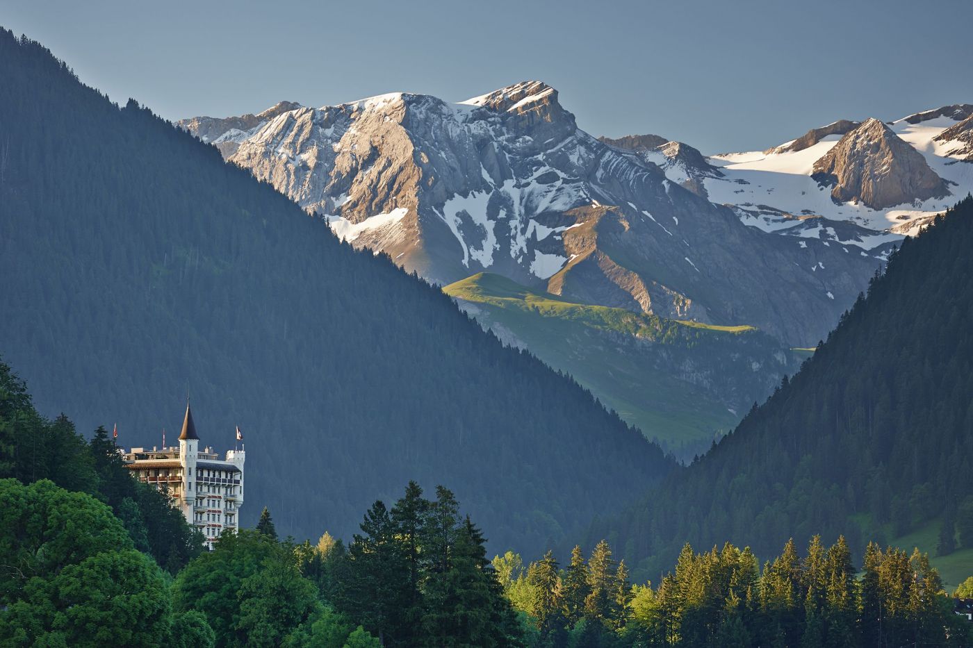 View of the hotel and the mountains at luxury wedding resort in Gstaad