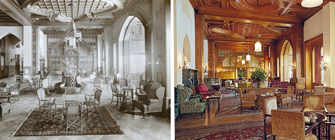 View of past and present of historic luxury wedding palace in Saint Moritz