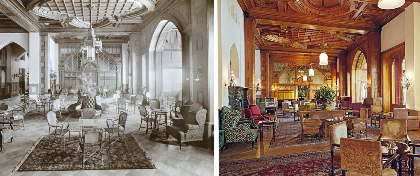 View of past and present of historic luxury wedding palace in Saint Moritz