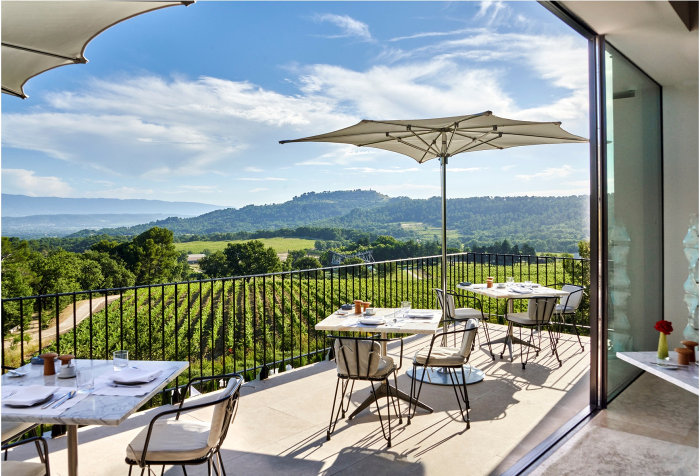 Vineyards view of restaurant at luxury estate for weddings in France