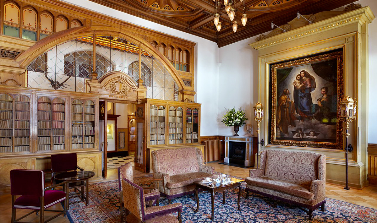 Virgin Mary living room of historic luxury wedding palace in Saint Moritz