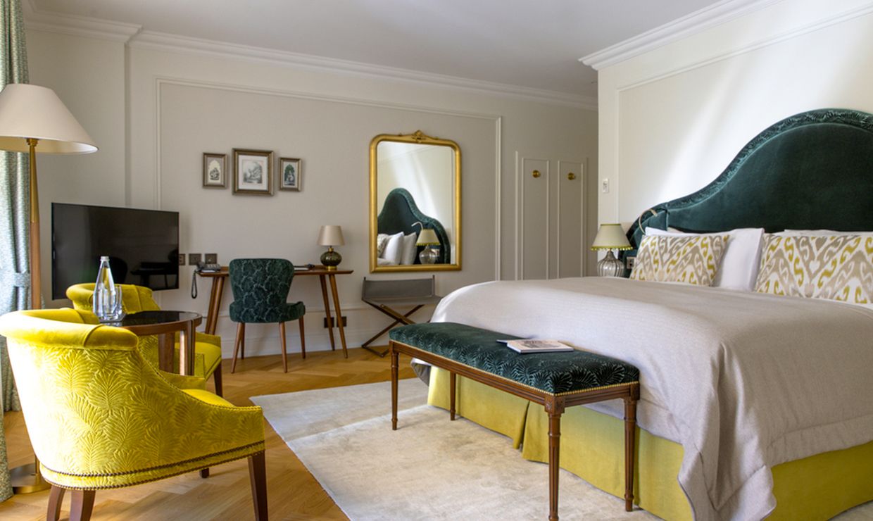 Yellow bedroom at the luxury wedding venue in Interlaken